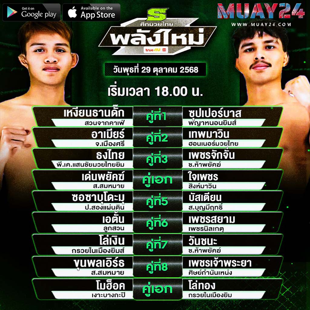โปรแกรมมวย 29 ตุลาคม 2025 ศึกมวยไทยพลังใหม่