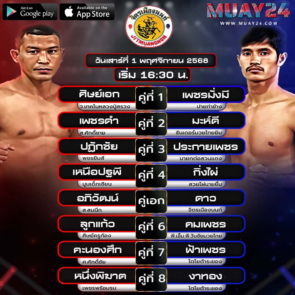 โปรแกรมมวย 1 พฤศจิกายน 2025 ศึกจิตรเมืองนนท์