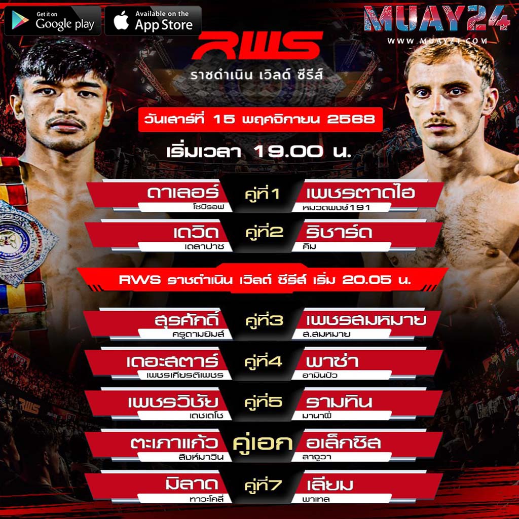 โปรแกรมมวย 15 พฤศจิกายน 2025 ศึกRWS ราชดำเนิน เวิลด์ ซีรีส์
