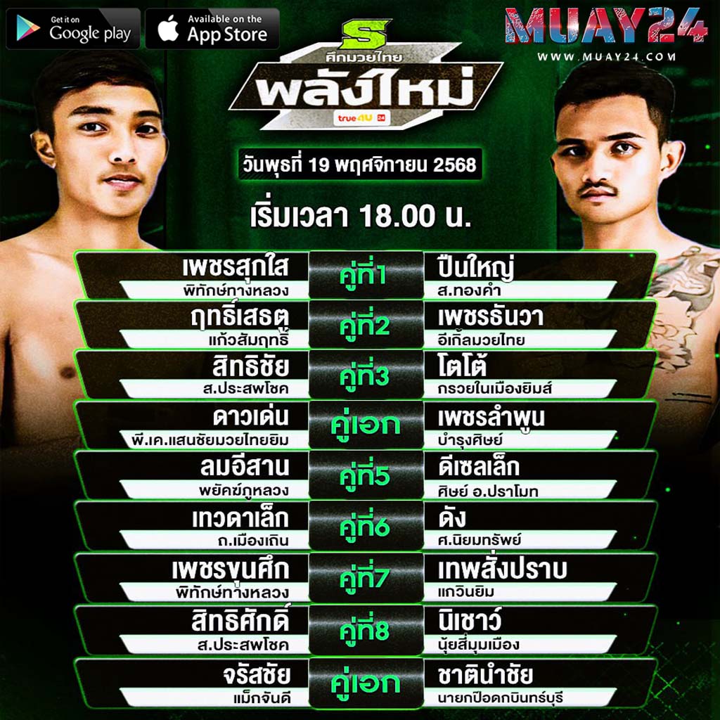 โปรแกรมมวย 19 พฤศจิกายน 2025 ศึกมวยไทยพลังใหม่