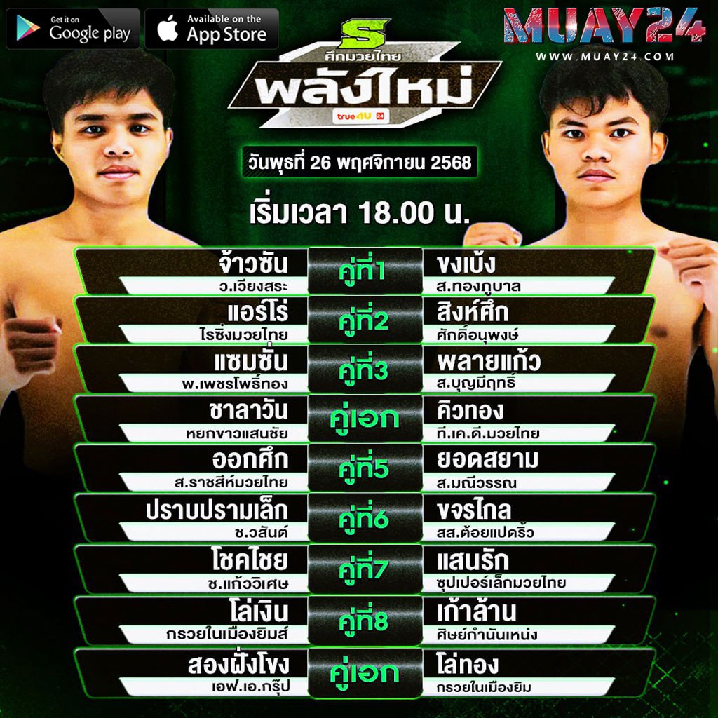 โปรแกรมมวย 26 พฤศจิกายน 2025 ศึกมวยไทยพลังใหม่