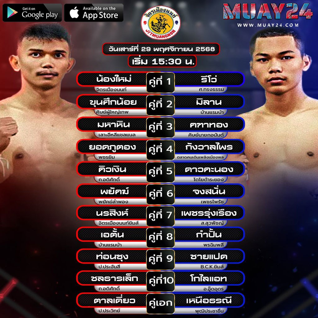 โปรแกรมมวย 29 พฤศจิกายน 2025 ศึกจิตรเมืองนนท์
