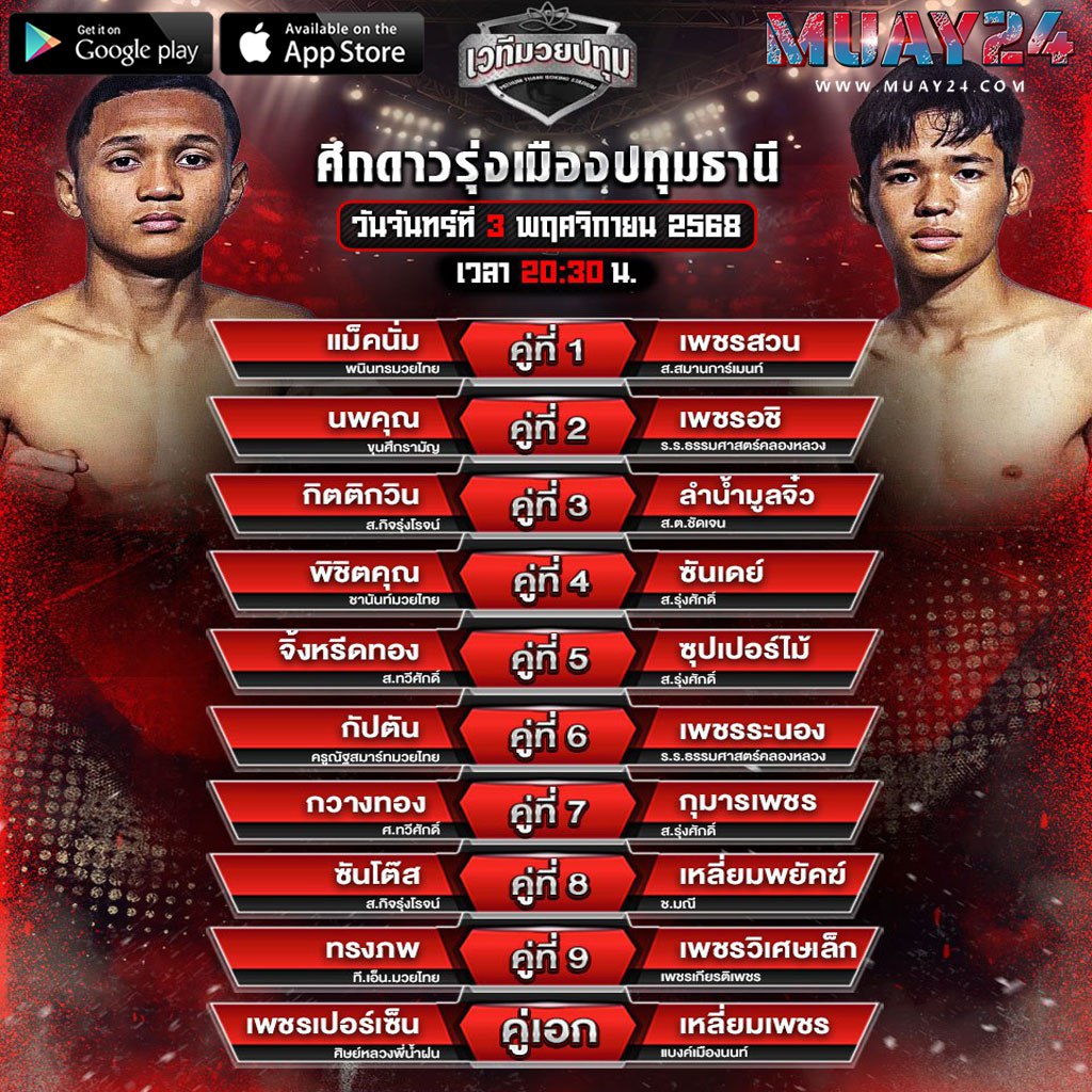 โปรแกรมมวย 3 พฤศจิกายน 2025 ศึกดาวรุ่งเมืองปทุมธานี
