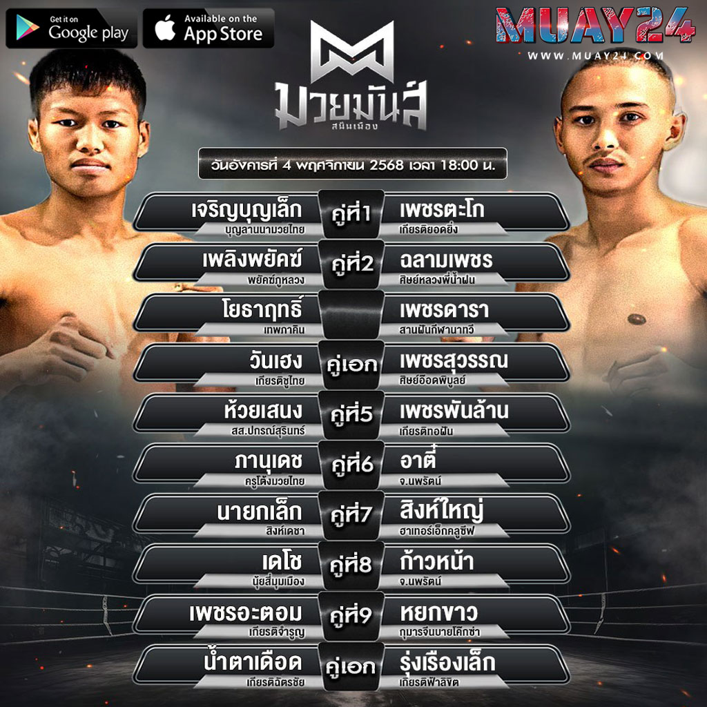 โปรแกรมมวย 4 พฤศจิกายน 2025 ศึกมวยมันส์สนั่นเมือง