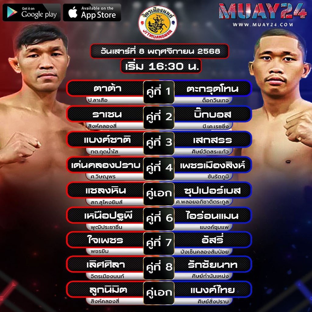 โปรแกรมมวย 8 พฤศจิกายน 2025 ศึกจิตรเมืองนนท์