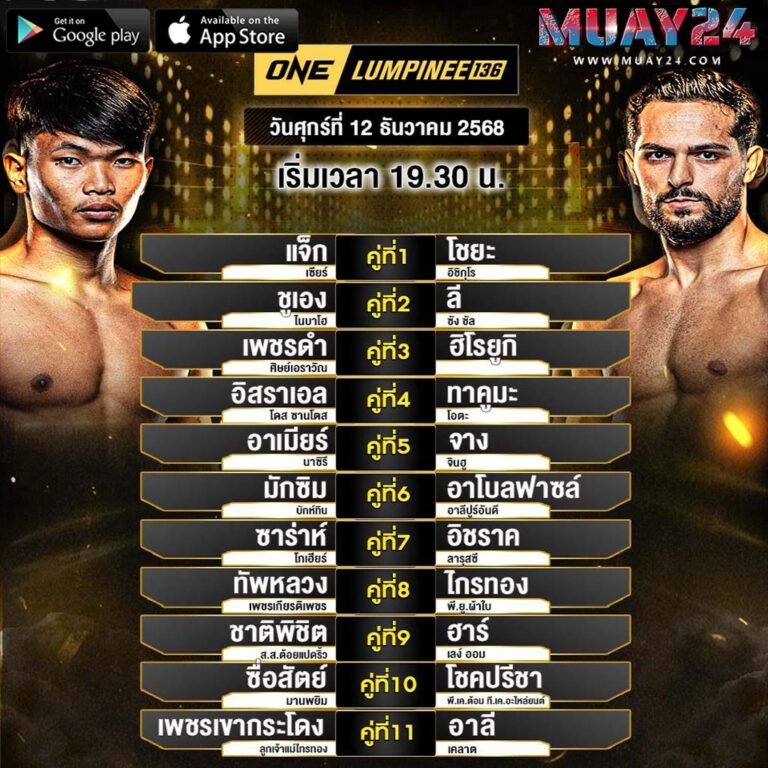 โปรแกรมมวย 12 ธันวาคม 2025 ศึก ONE ลุมพินี