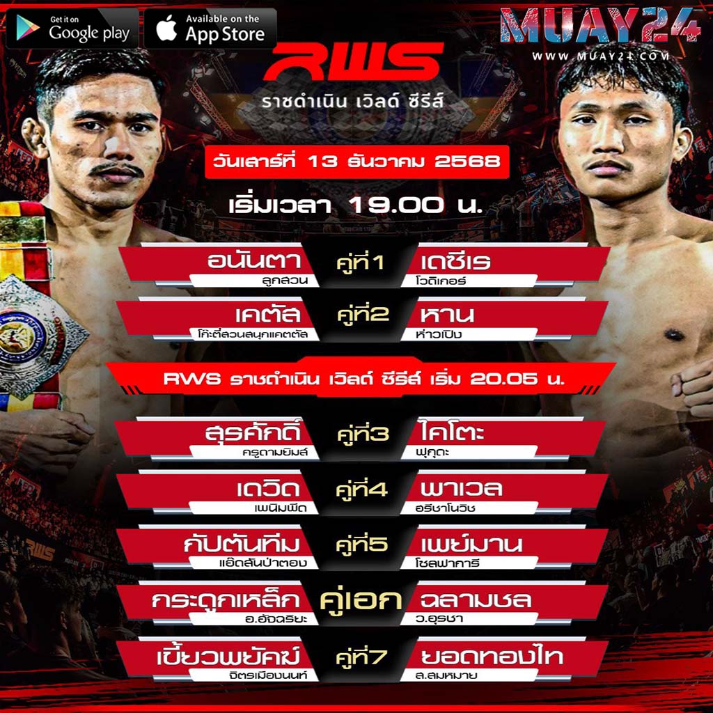 โปรแกรมมวย 13 ธันวาคม 2025 ศึก RWS ราชดำเนิน เวิลด์ ซีรีส์