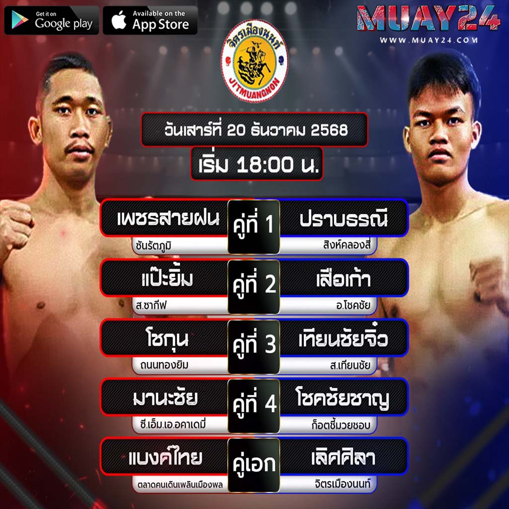 โปรแกรมมวย 20 ธันวาคม 2025 ศึกจิตรเมืองนนท์