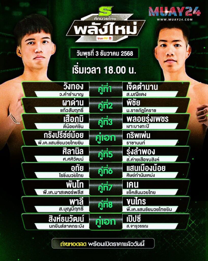 โปรแกรมมวย 3 ธันวาคม 2025 ศึกมวยไทยพลังใหม่