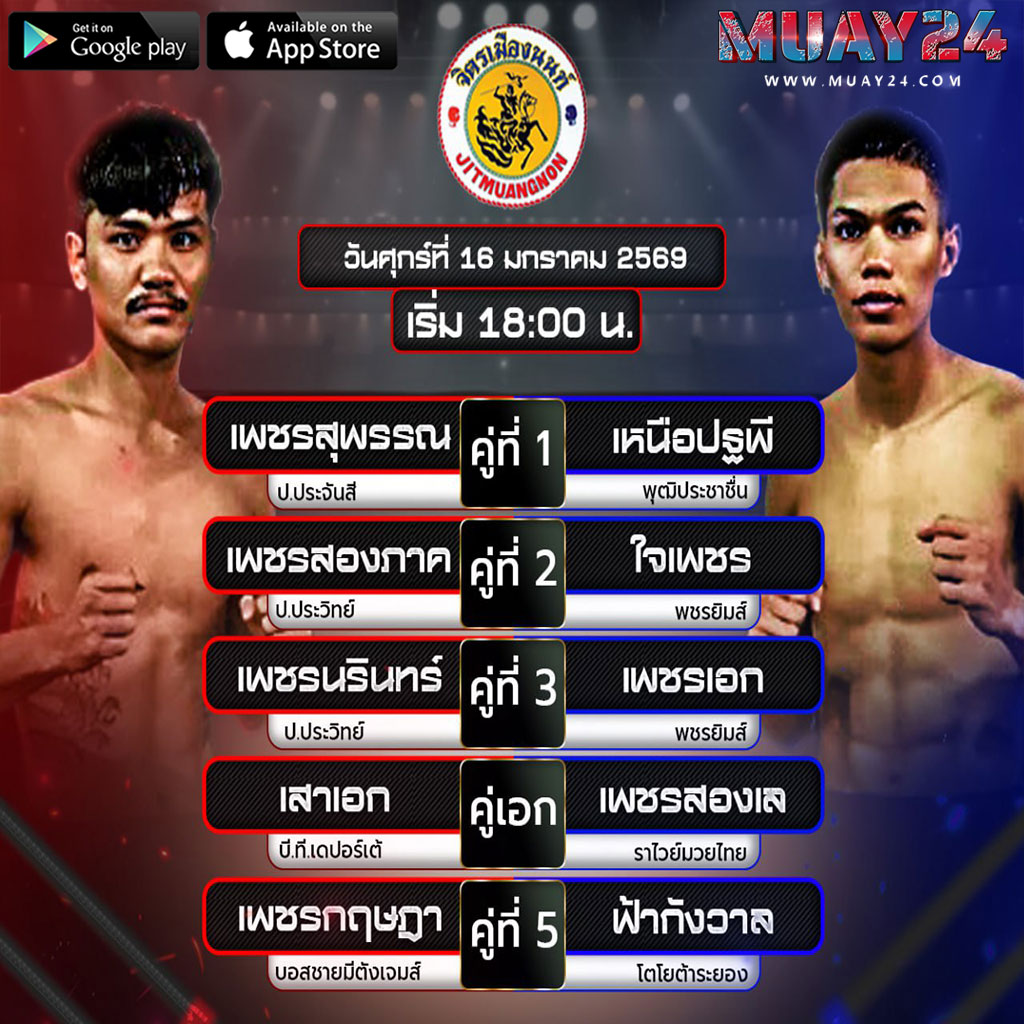 โปรแกรมมวย 16มกราคม 2026 ศึกมวย ศึกจิตรเมืองนนท์