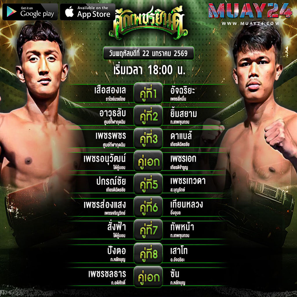 โปรแกรมมวย 22 มกราคม 2026 ศึกมวยเพชรยินดี