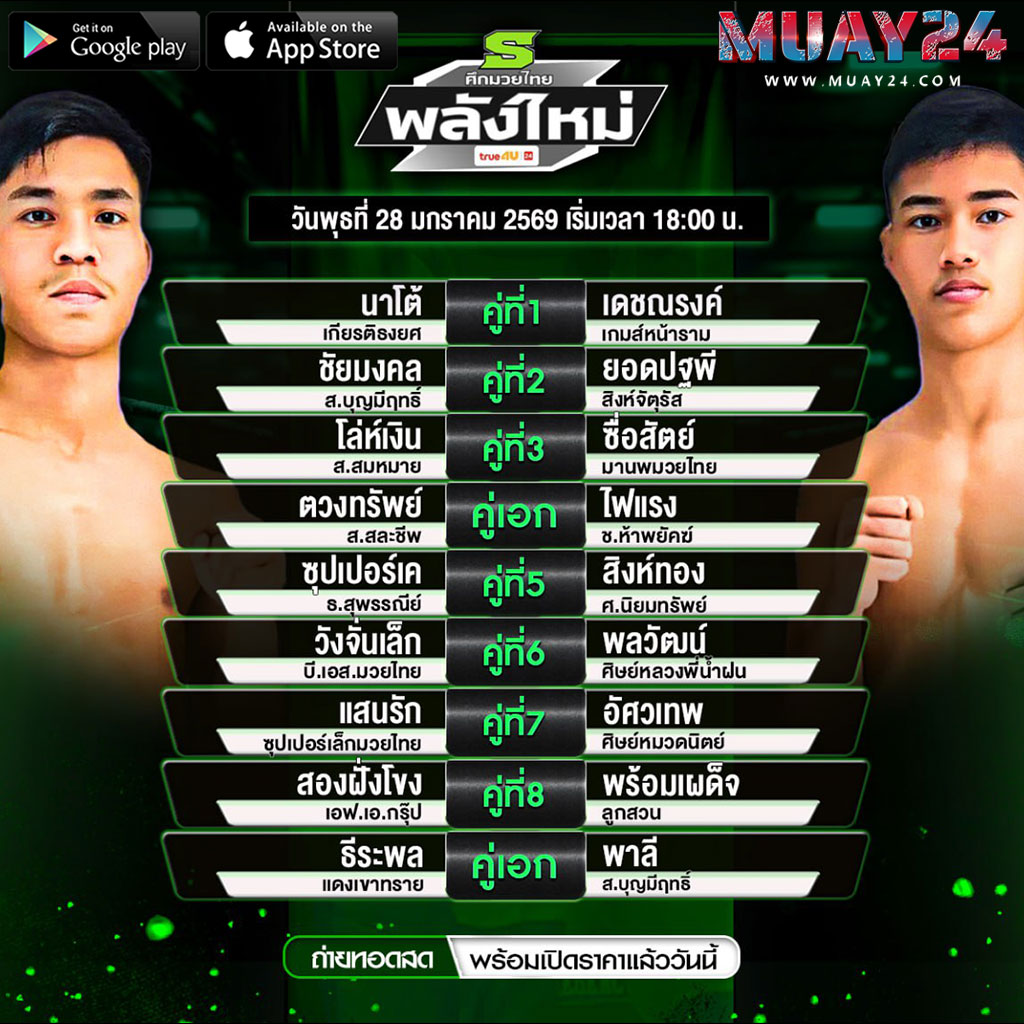 โปรแกรมมวย 28 มกราคม 2569 ศึกมวยไทย พลังใหม่