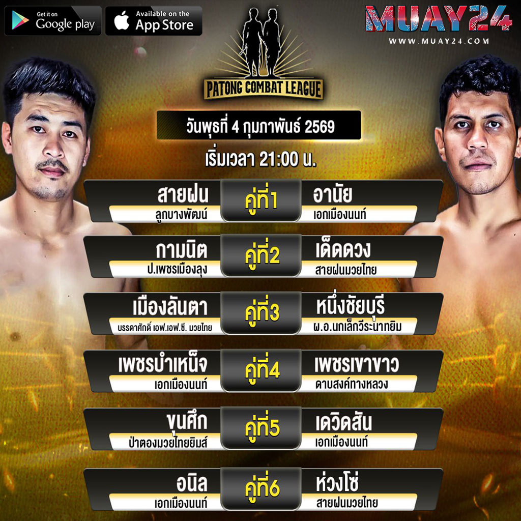 โปรแกรมมวย 4 กุมภาพันธ์ 2569 ศึกสิงห์ป่าตองคอมแบด