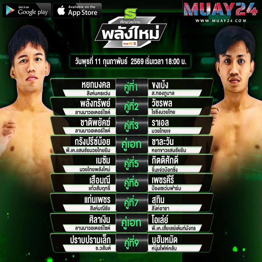 โปรแกรมมวย 11 กุมภาพันธ์ 2569 ศึกมวยไทย พลังใหม่