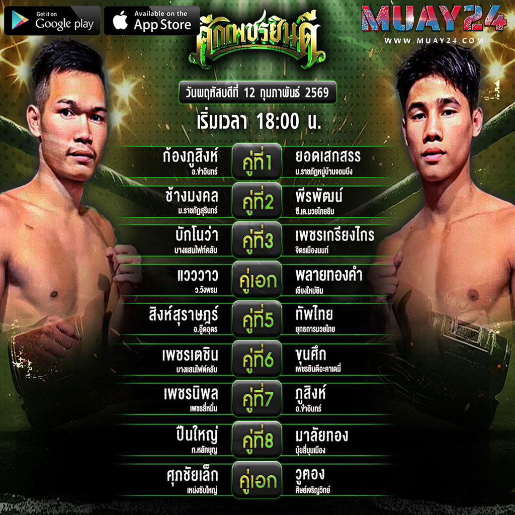 โปรแกรมมวย 12 กุมภาพันธ์ 2569 ศึกมวยเพรชยินดี