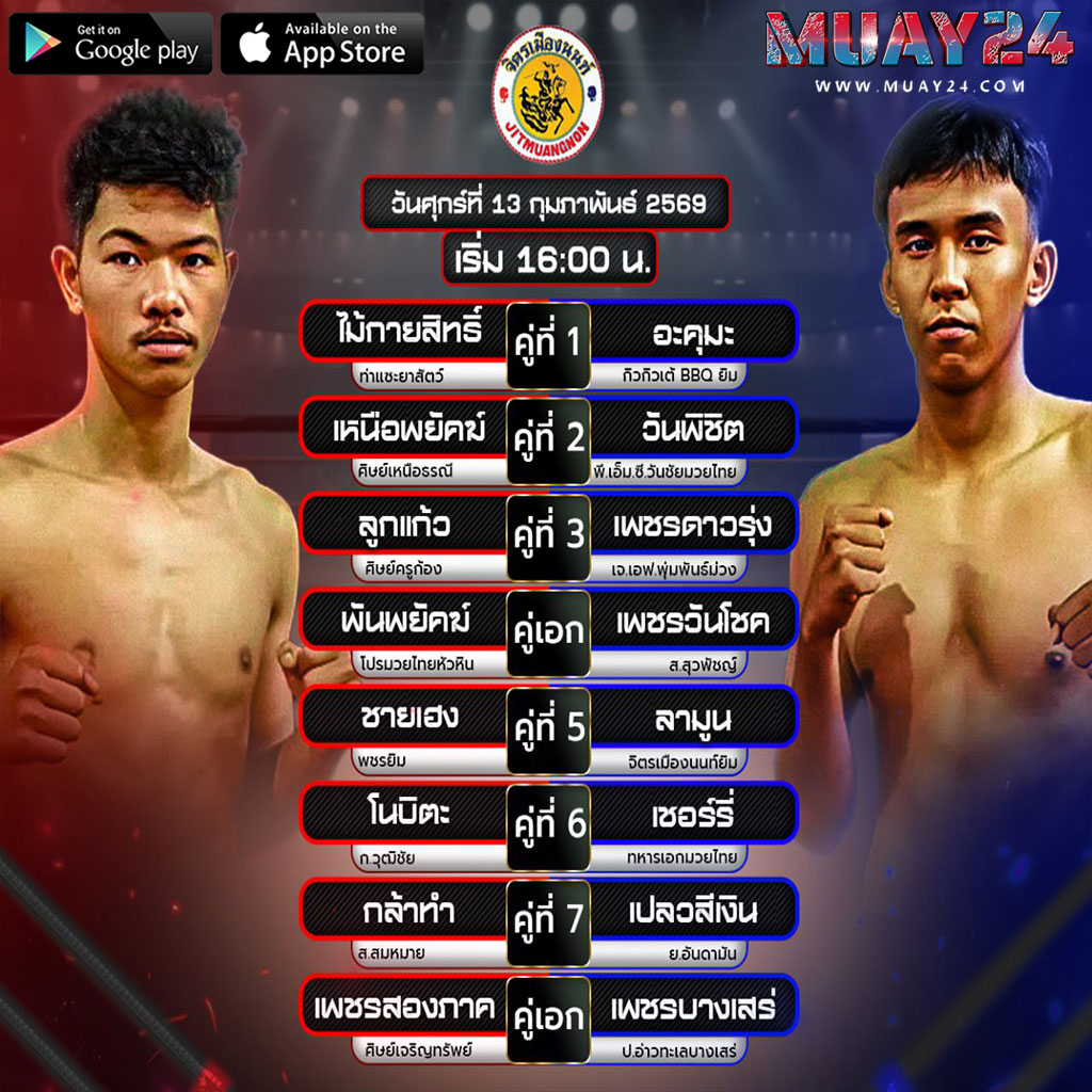 โปรแกรมมวย 13กุมภาพันธ์ 2569 ศึกจิตรเมืองนนท์