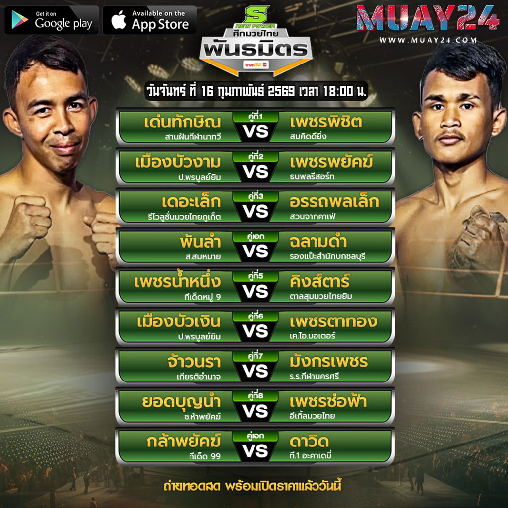โปรแกรมมวย 16 กุมภาพันธ์ 2569 ศึก มวยไทยพันธมิตร