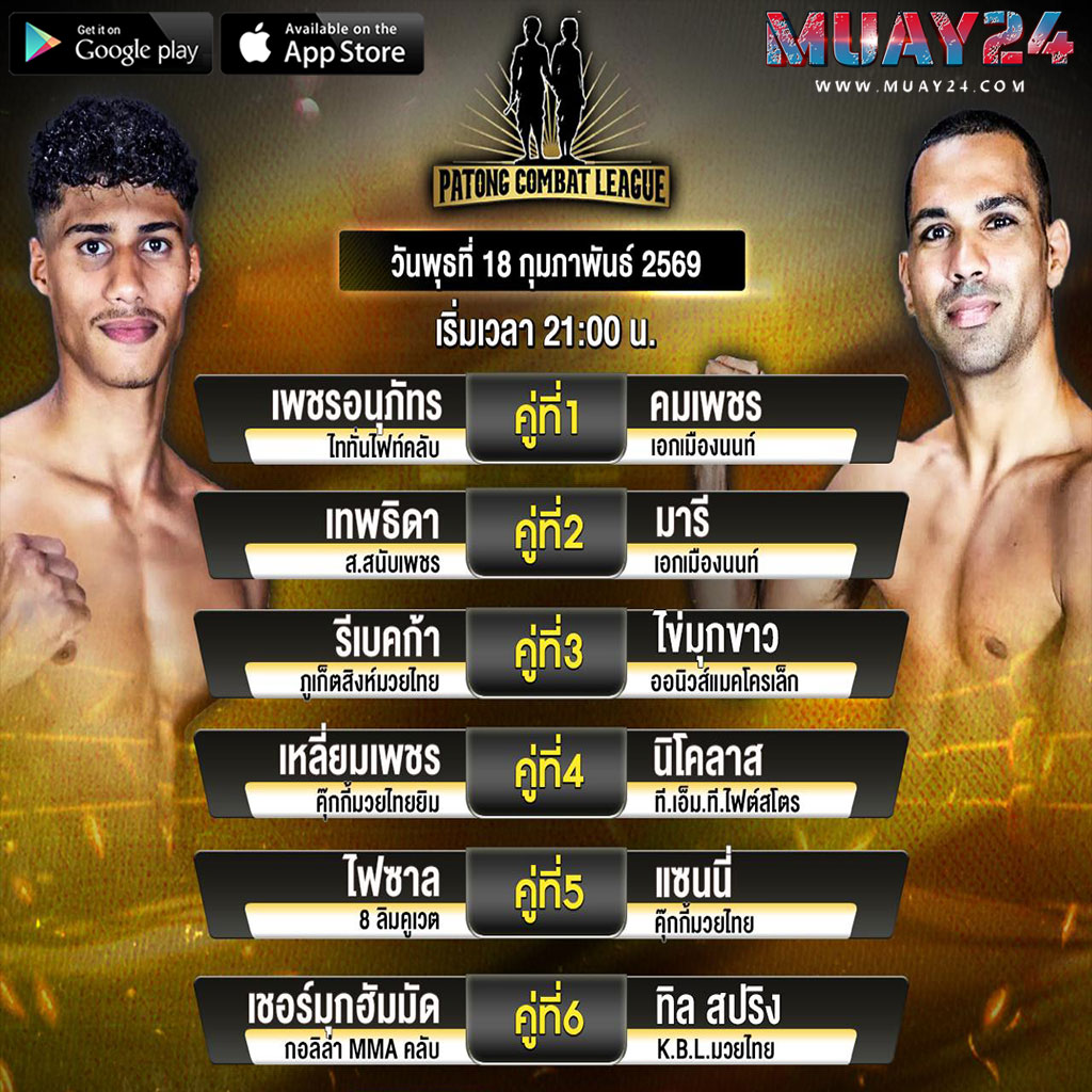 โปรแกรมมวย 18 กุมภาพันธ์ 2569 ศึกสิงห์ป่าตอง คอมแบด