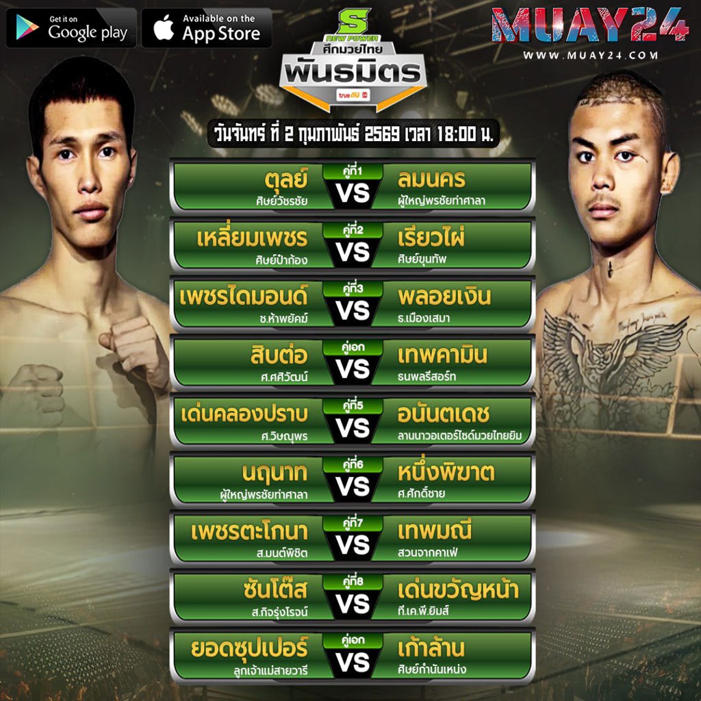 โปรแกรมมวย 2 กุมภาพันธ์ 2569 ศึกมวยไทย พันธมิตร