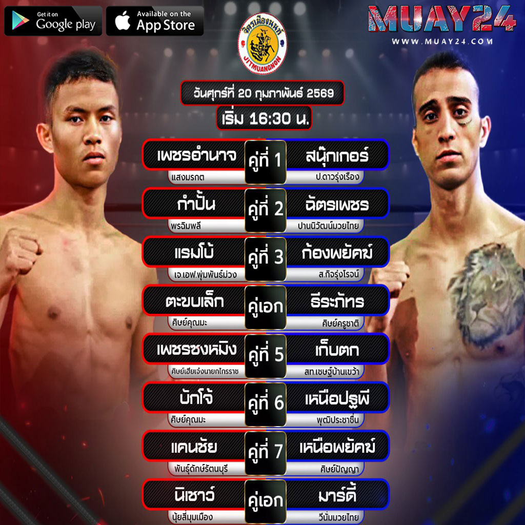 โปรแกรมมวย 20 กุมภาพันธ์ 2569 ศึกจิตรเมืองนนท์