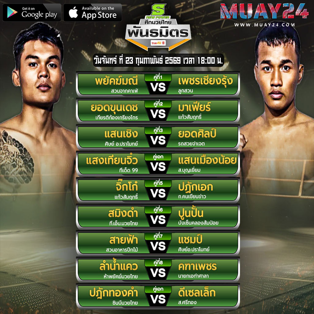 โปรแกรมมวย 23 กุมภาพันธ์ 2569 ศึกมวยไทยพันธมิตร