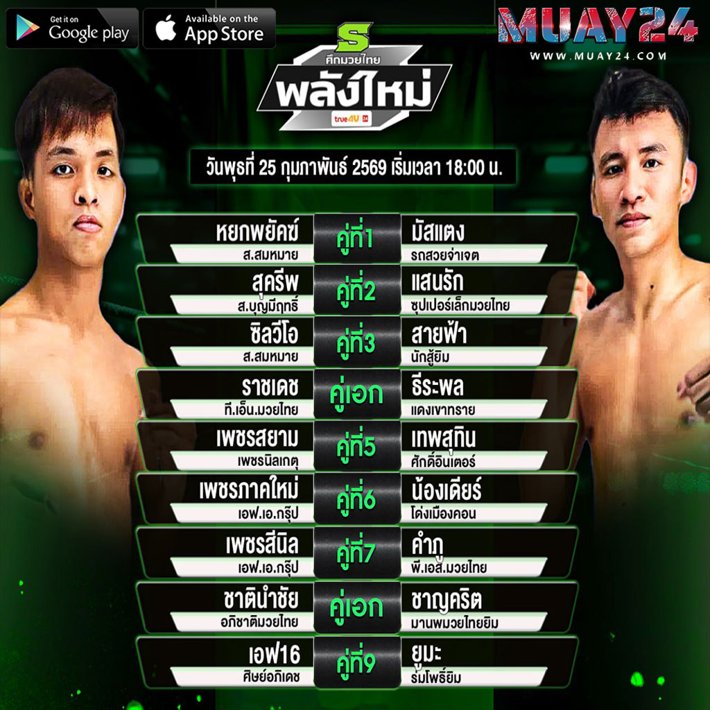 โปรแกรมมวย 25 กุมภาพันธ์ 2569 ศึกมวยไทยพลังใหม่