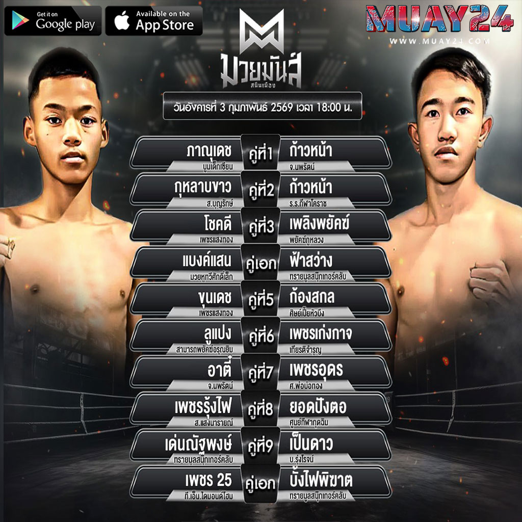 โปรแกรมมวย 3 กุมภาพันธ์ 2569 มวยมันส์สนั่นเมือง