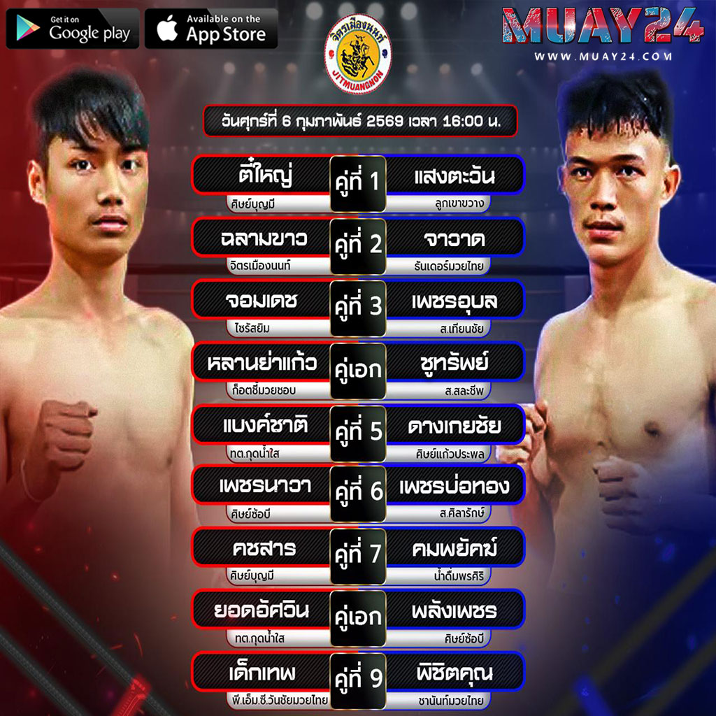 โปรแกรมมวย 6 กุมภาพันธ์ 2569 ศึกจิตรเมืองนนท์