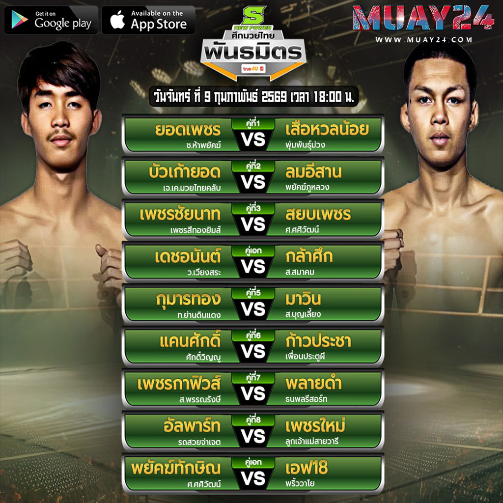 โปรแกรมมวย 9 กุมภาพันธ์ 2569 ศึกมวยไทยพันธมิตร