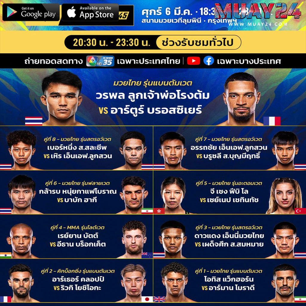 โปรแกรมมวย 6 มีนาคม 2569 ศึก ONE ลุมพินี 145