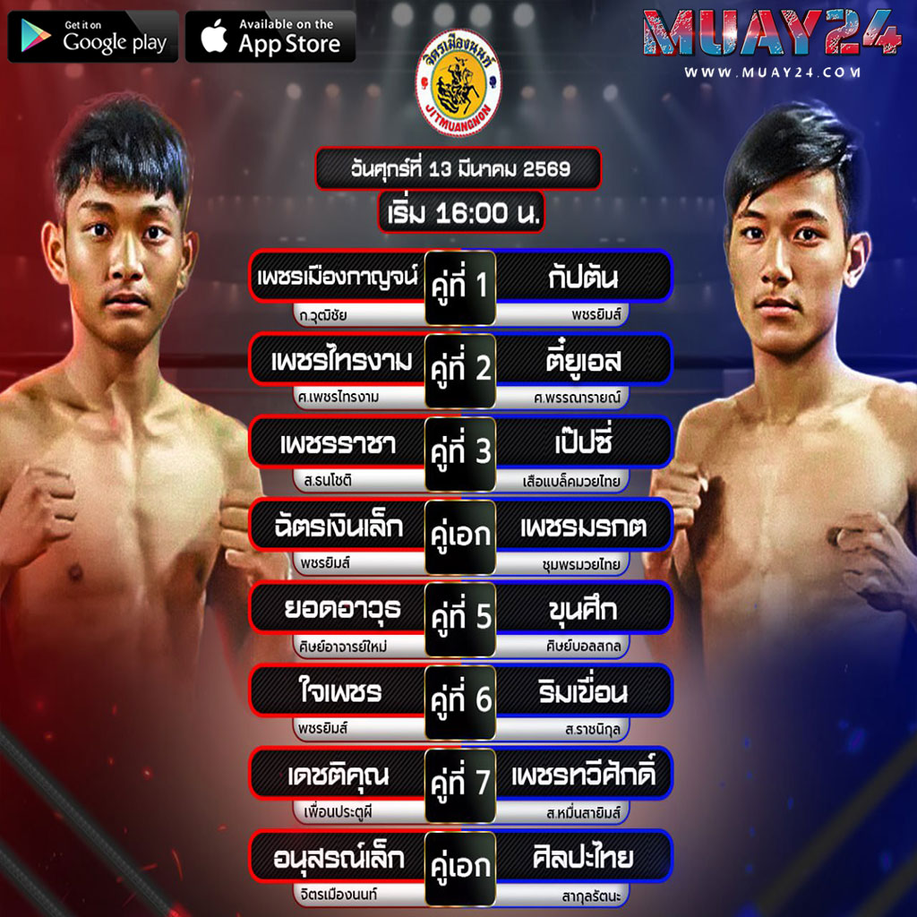 โปรแกรมมวย 13 มีนาคม 2569 ศึกจิตรเมืองนนท์
