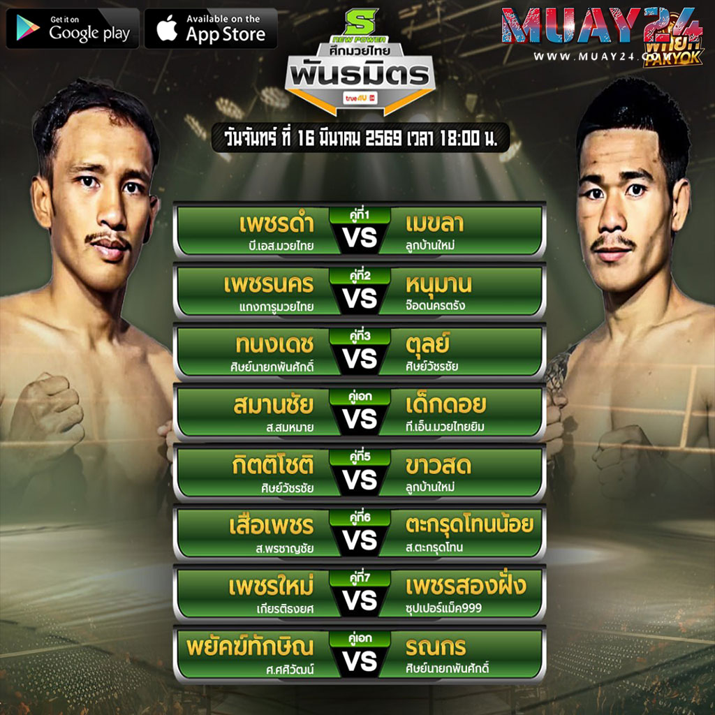โปรแกรมมวย 16 มีนาคม 2569 ศึกมวยไทยพันธมิตร