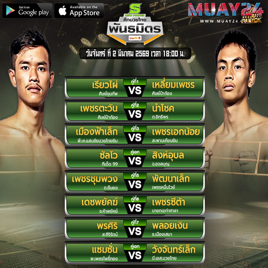โปรแกรมมวย 2 มีนาคม 2569 ศึกมวยไทยพันธมิตร