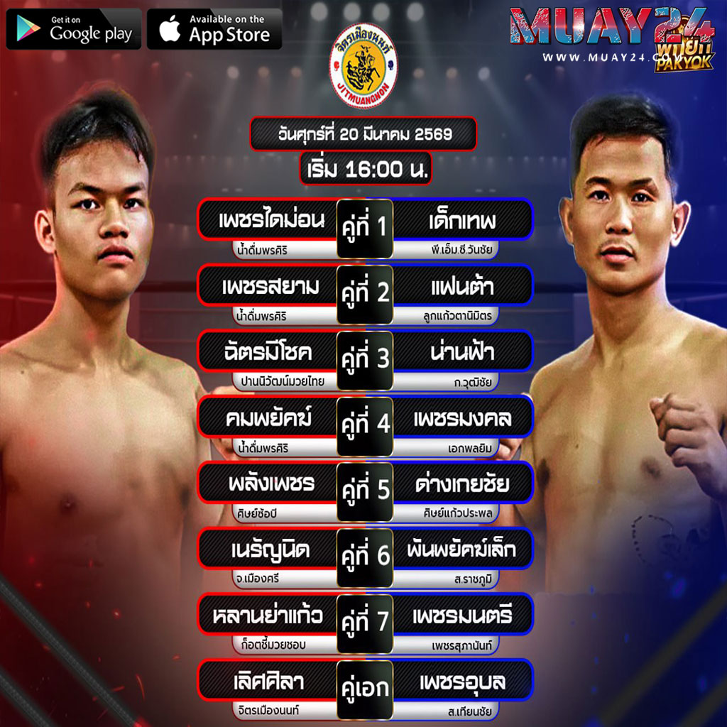 โปรแกรมมวย 20 มีนาคม 2569 ศึกจิตรเมืองนนท์