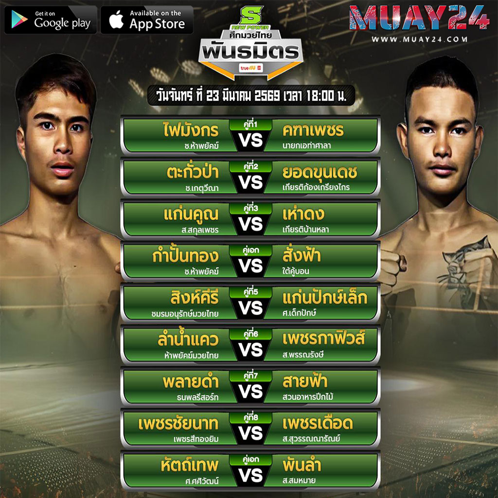 โปรแกรมมวย 23 มีนาคม 2569 ศึกมวยไทยพันธมิตร