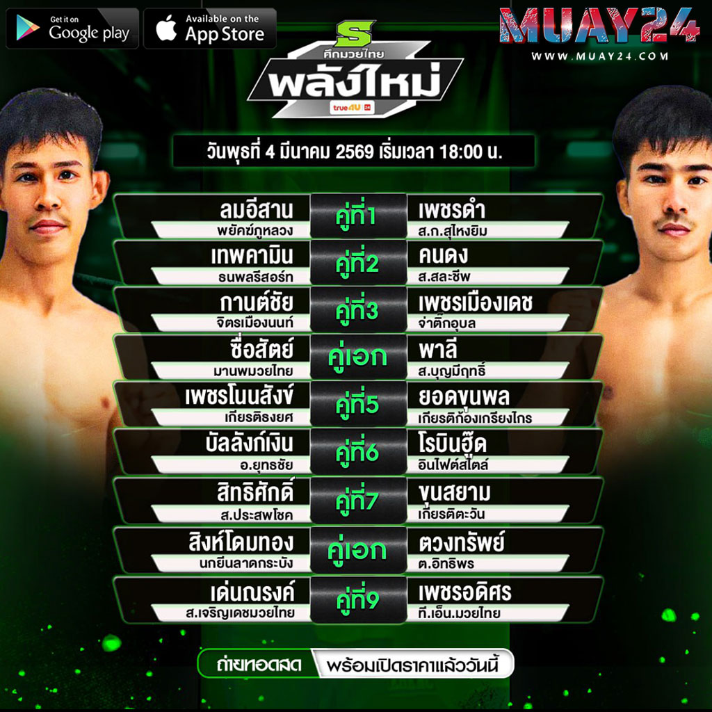 โปรแกรมมวย 4 มีนาคม 2569 ศึกมวยไทยพลังใหม่