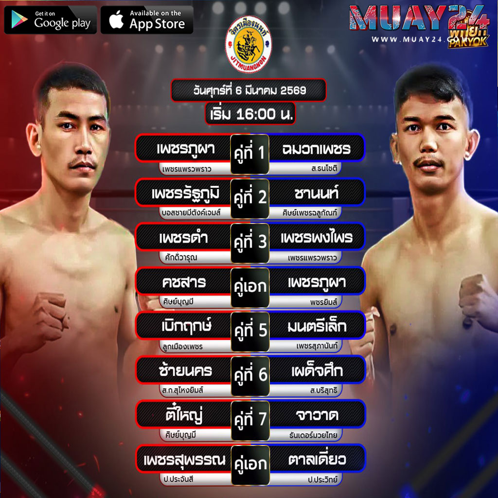 โปรแกรมมวย 6 มีนาคม 2569 ศึกจิตรเมืองนนท์