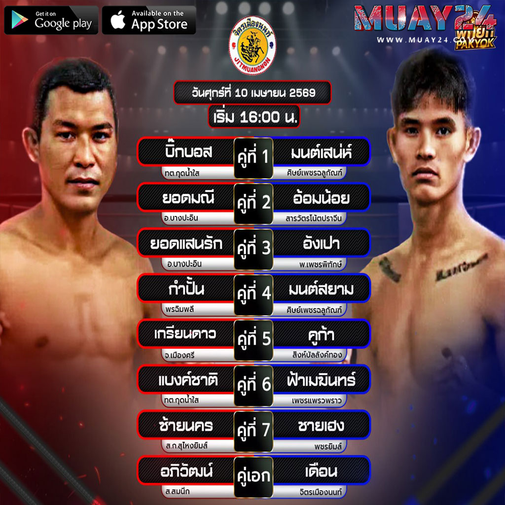 โปรแกรมมวย 10 เมษายน 2569 ศึกจิตรเมืองนนท์