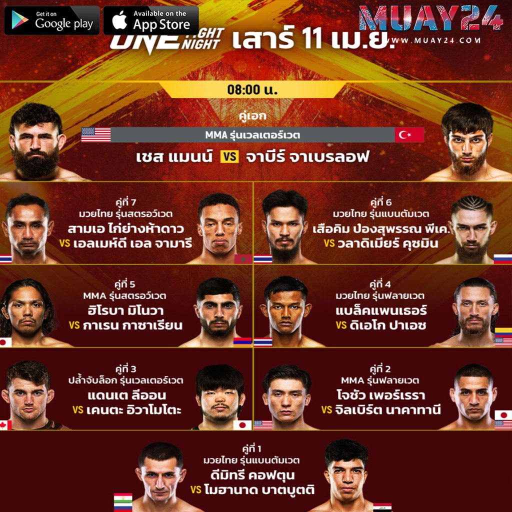 โปรแกรมมวย 11 เมษายน 2569 ศึก ONE Fight Night 42