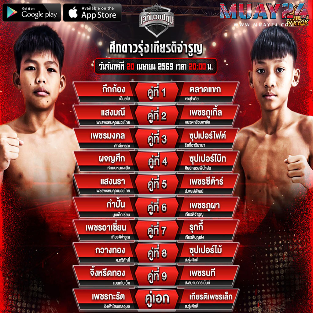 โปรแกรมมวย 20 เมษายน 2569 ศึกดาวรุ่งเมืองปทุมธานี