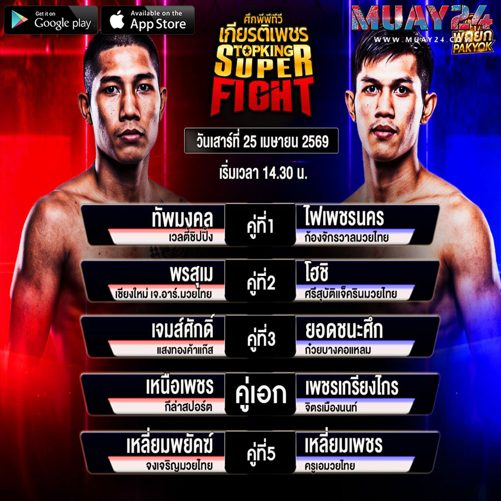 โปรแกรมมวย 25 เมษายน 2569 ศึกมวยเกียรติเพชร