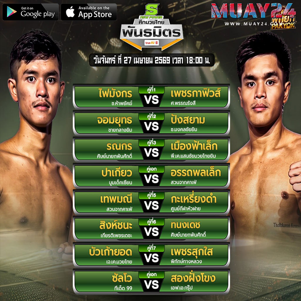 โปรแกรมมวย 27 เมษายน 2569 ศึกมวยไทยพันธมิตร
