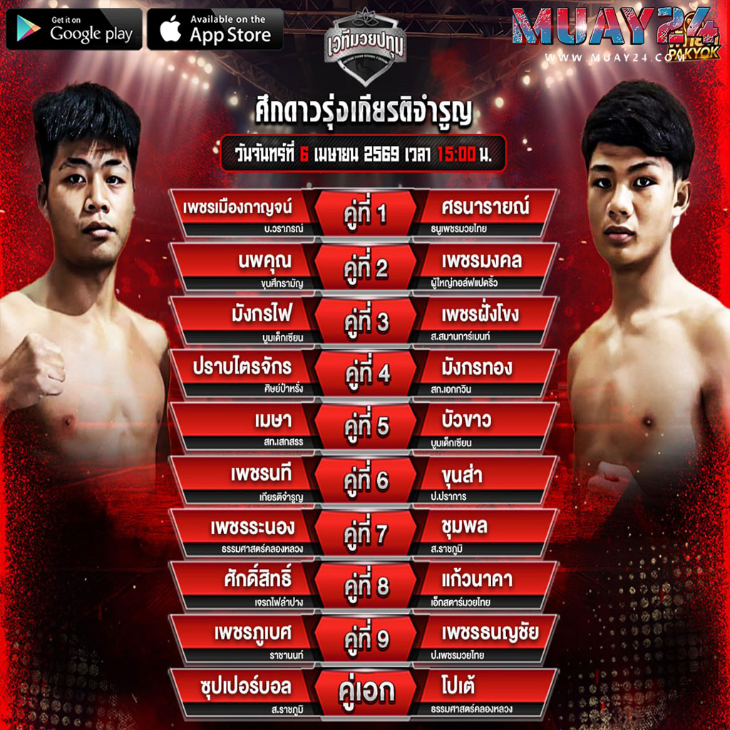 โปรแกรมมวย 6 เมษายน 2569 ศึกดาวรุ่งเกียรติจำรูญ