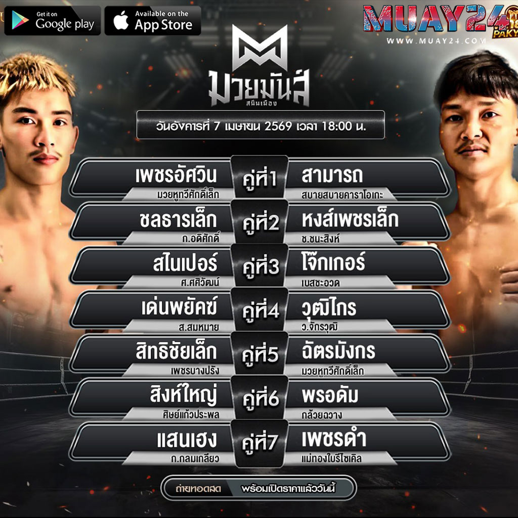โปรแกรมมวย 7 เมษายน 2569 ศึกมวยมันส์สนั่นเมือง