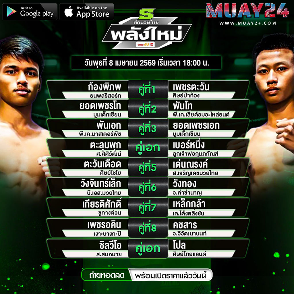 โปรแกรมมวย 8 เมษายน 2569 ศึกมวยไทยพลังใหม่