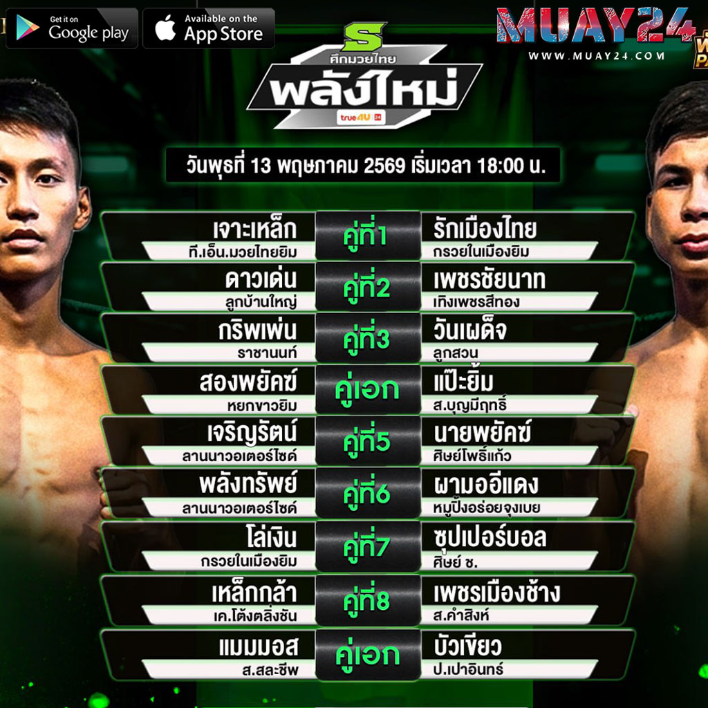 โปรแกรมมวย 13 พฤษภาคม 2569 ศึกมวยไทยพลังใหม่