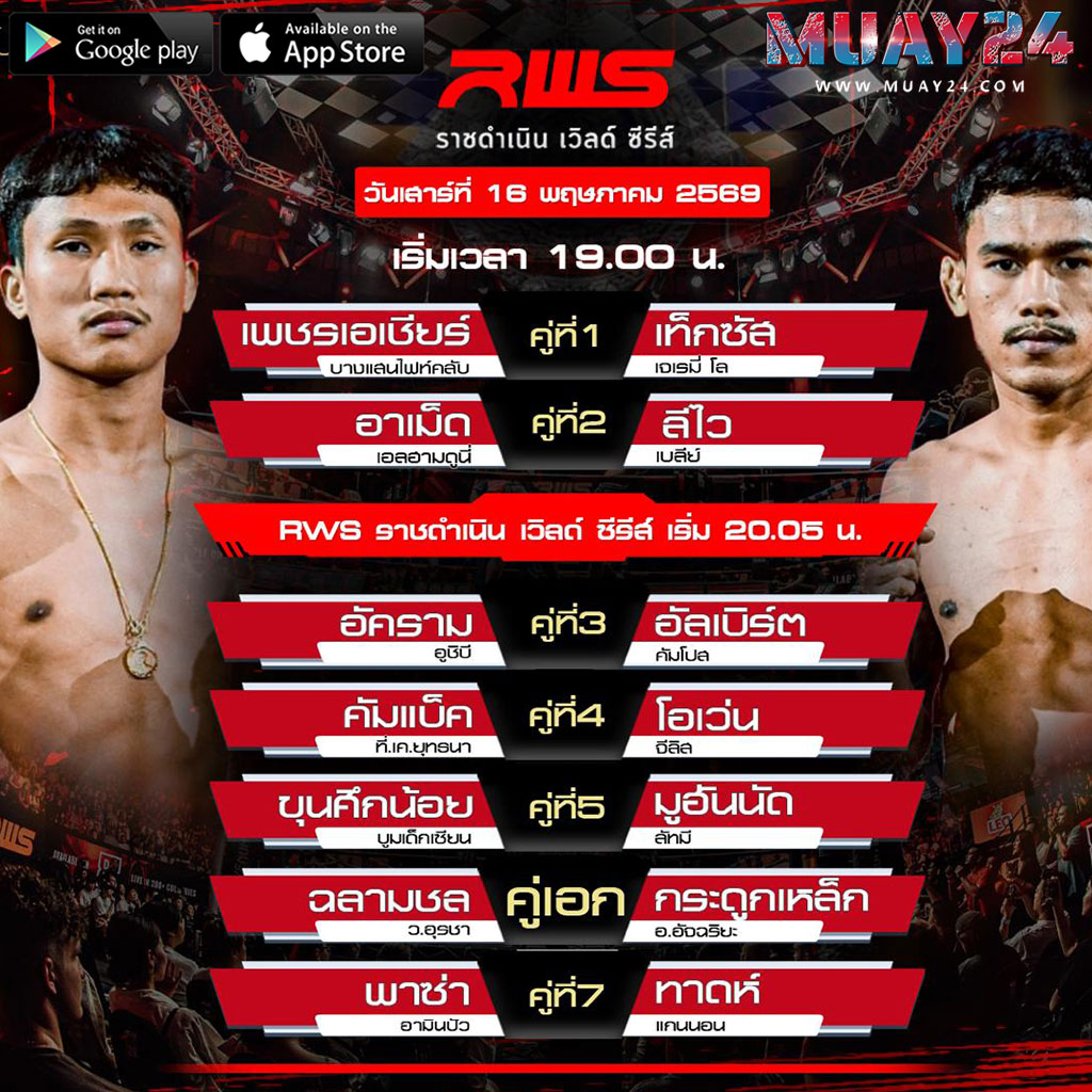 โปรแกรมมวย 16 พฤษภาคม 2569 ศึกRWS ราชดำเนิน เวิลด์ ซีรีส์