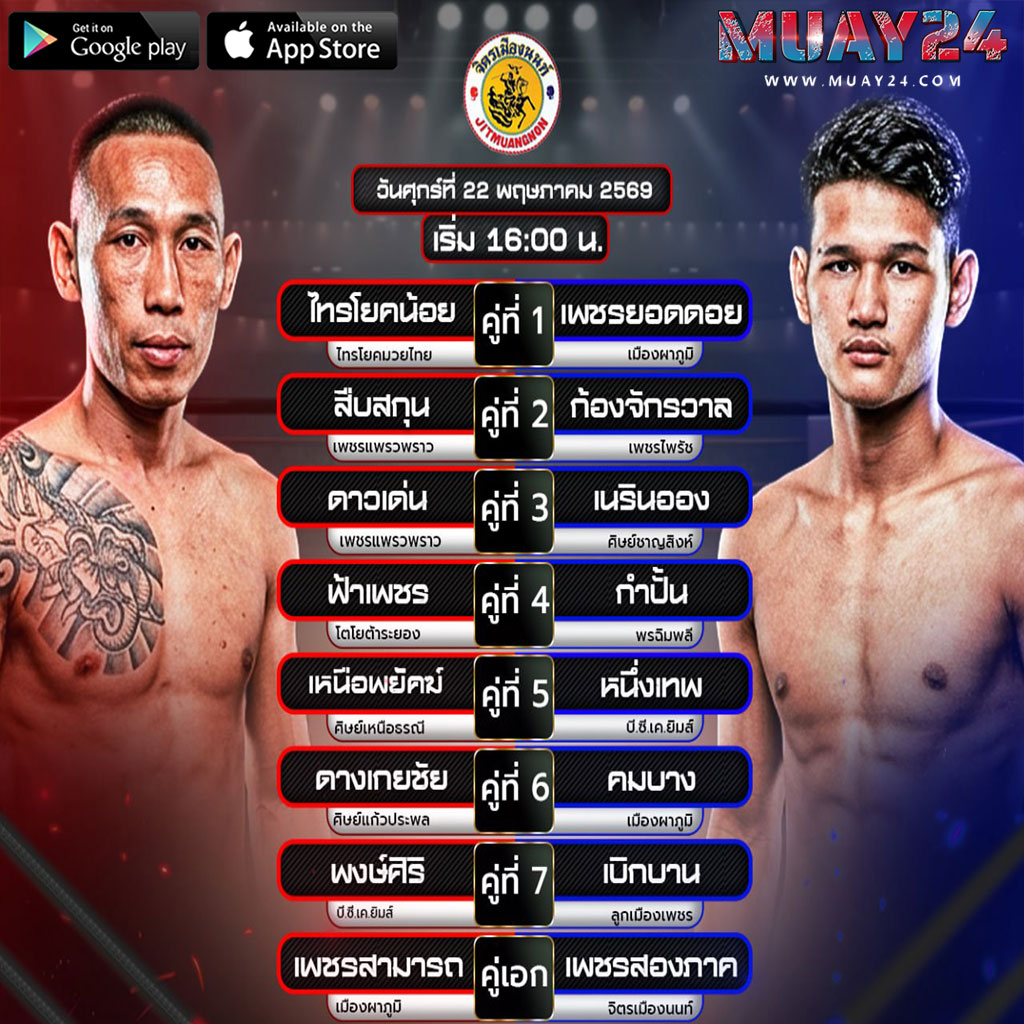โปรแกรมมวย 22 พฤษภาคม 2569 ศึกมวย จิตรเมืองนนท์
