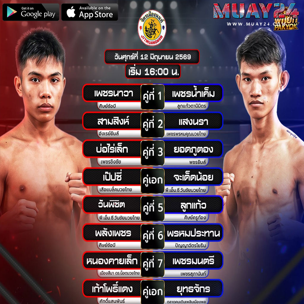 โปรแกรมมวย 12 มิถุนายน 2569 ศึกมวยจิตรเมืองนนท์