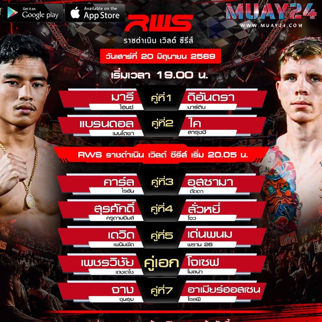 โปรแกรมมวย 20 มิถุนายน 2569 ศึกมวยRWS ราชดำเนิน เวิลด์ ซีรีส์
